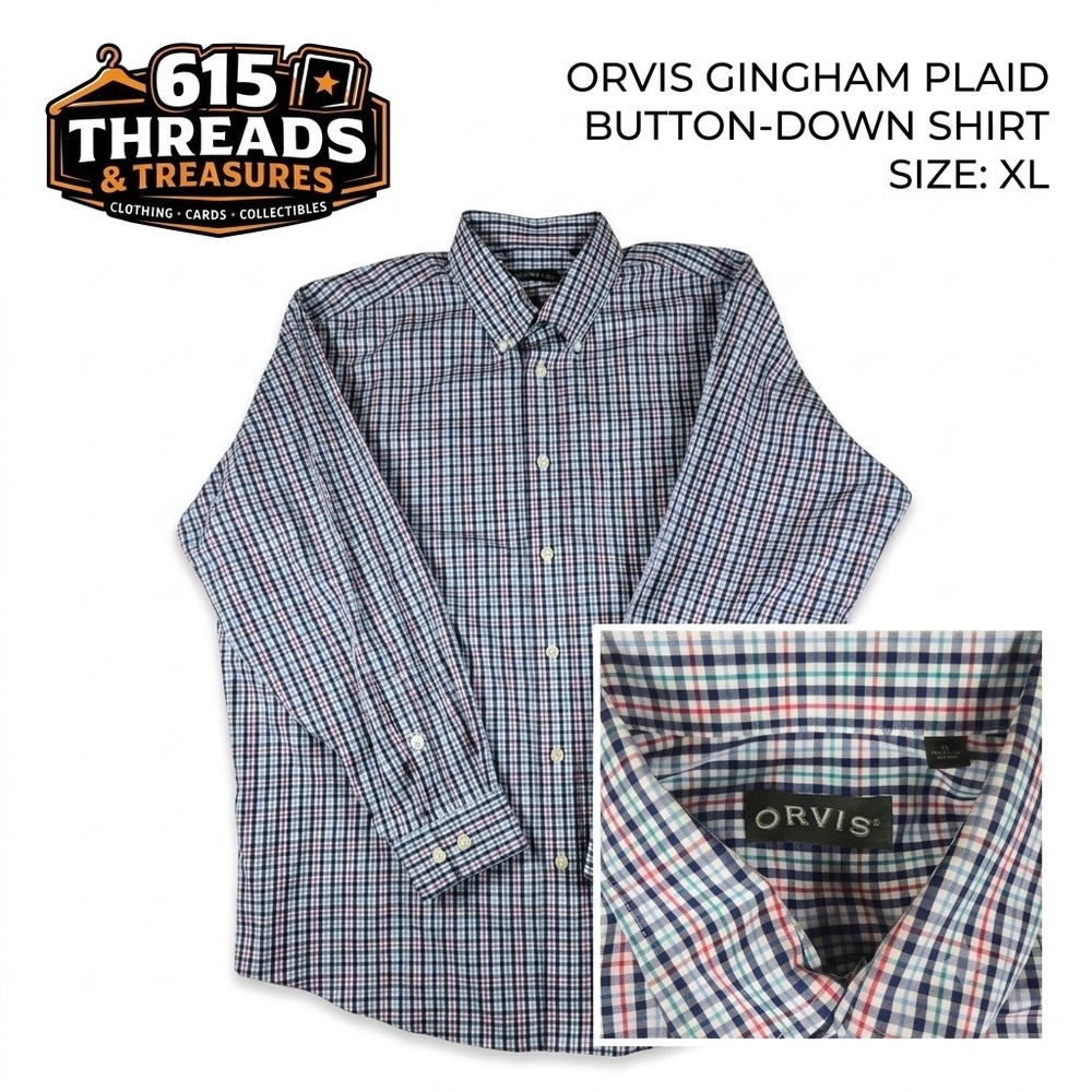 Orvis Mens Plaid Long Sleeve Button Down Shirt XL Blue Red Teal Check Casual